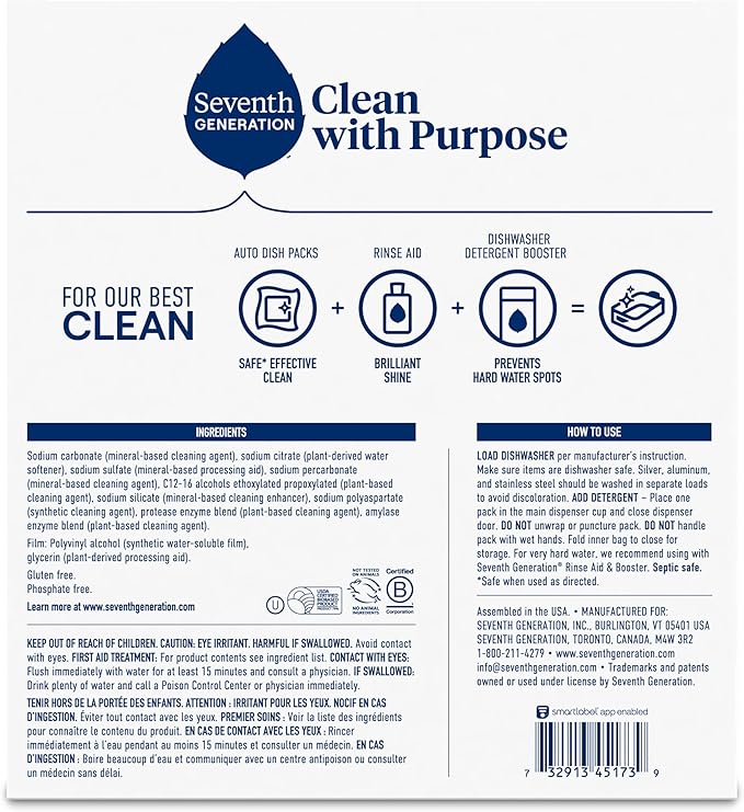 Seventh Generation Dishwasher Detergent Packs for sparkling dishes Free & Clear Dishwasher Tabs (72 Count)