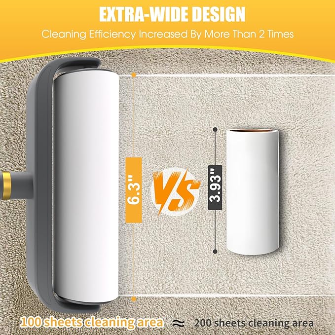 6.3" Large Surface Lint Roller Refills, Extra Sticky Roller for Clothing, Pet Hair, Furniture Cleaning, 6 Refills Total 600 Sheets