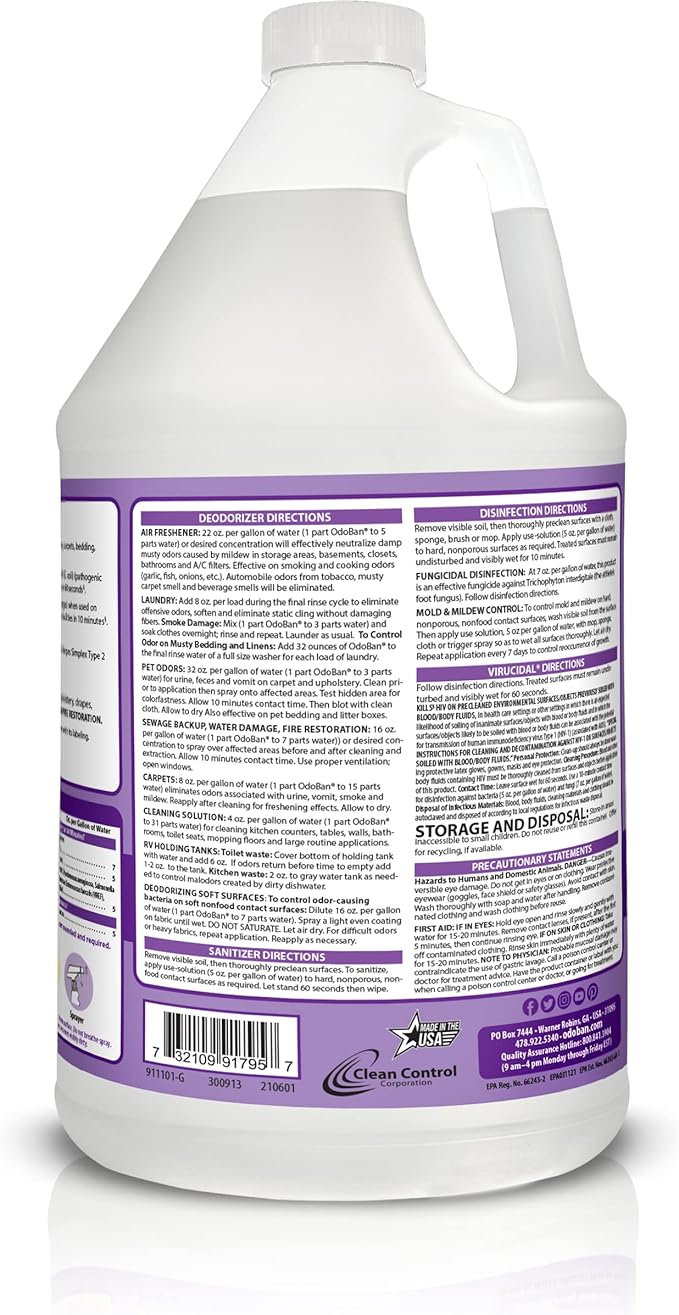 OdoBan Disinfectant Concentrate and Odor Eliminator, Made in the USA, Lavender Scent, 4 Gallons