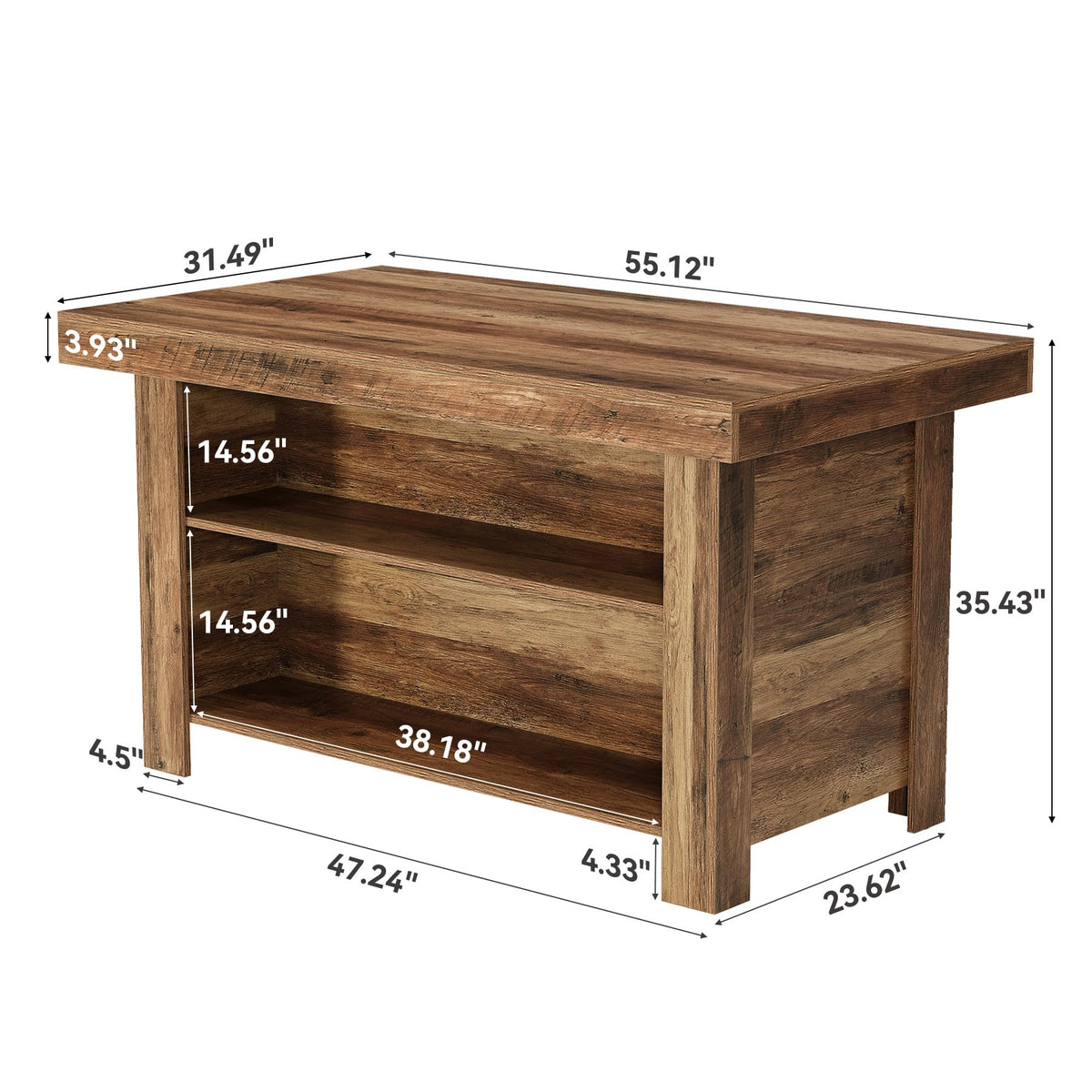 LITTLE TREE 55 Inches Kitchen Island with Storage, 3-Tier Farmhouse Wooden Stationary Island Table with Large Worktop & Leg Room, Modern Coffee Bar Table with Storage Shelf for Kitchen, Rustic Brown