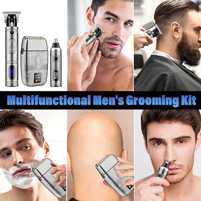 Professional Hair Trimmer Hair Clippers for Men, Nose Hair Trimmer Shaver Set,Cordless T-Blade Beard Trimmer Barber Clippers,Electric Razor Foil Shavers for Men Haircut Grooming Kit(Silver)