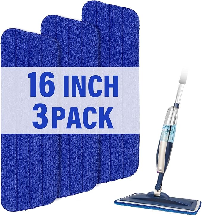 16.5 inch Mop Pads Refills, 3 Pack Microfiber Reusable Replacement Flat Replacements Heads for Wet Dry Floor Cleaning, Blue Cloth