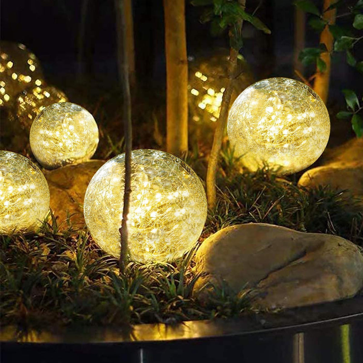 SyouHome Solar Garden Lights Outdoor Waterproof, 4 Pack Cracked Glass Ball Light, Ground Landscape Garden Decor, Solar Globe Decorative for Pathway/Patio/Lawn/Yard (Warm White, 4.7")