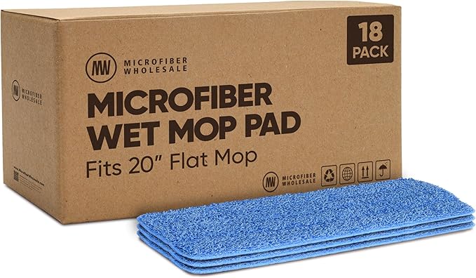 Microfiber Wholesale 20 inch Microfiber Mop Pads - Machine Washable, Reusable, Refills & Replacement Wet Mop Heads Compatible with Any Microfiber Flat Mop System (18 Pack)