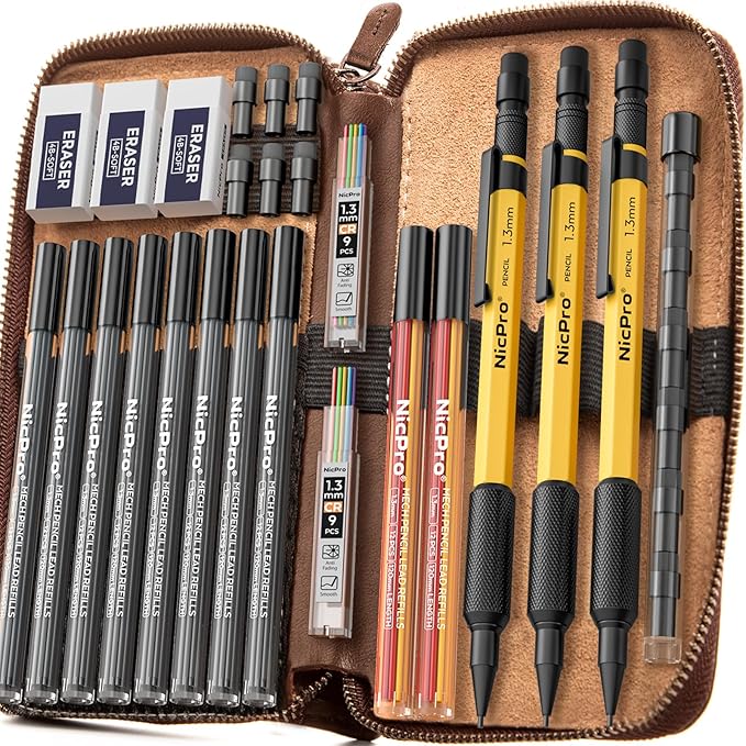 Nicpro 21PCS 1.3 mm Mechanical Pencil Set in Leather Bag with 138 Lead Refill, Eraser, Eraser Refills - Weatherproof Metal Barrel, Heavy Duty Carpenter Pencil for Outdoor Marking Drawing Woodworking