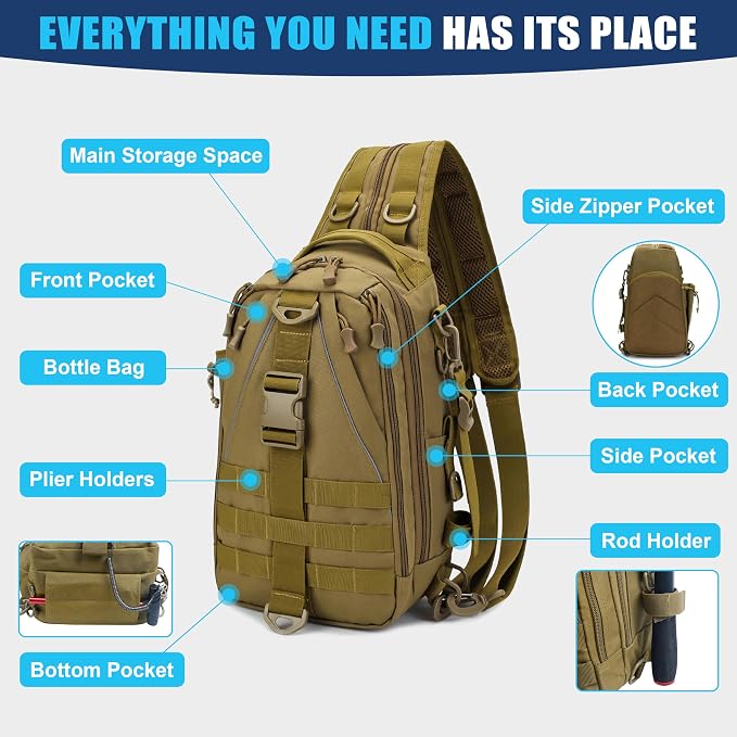 OROOTL Fishing Backpack Tackle Bag with Rod Holder Waterproof Fishing Sling Bag Storage Backpack Ideal Gifts for Men, Small