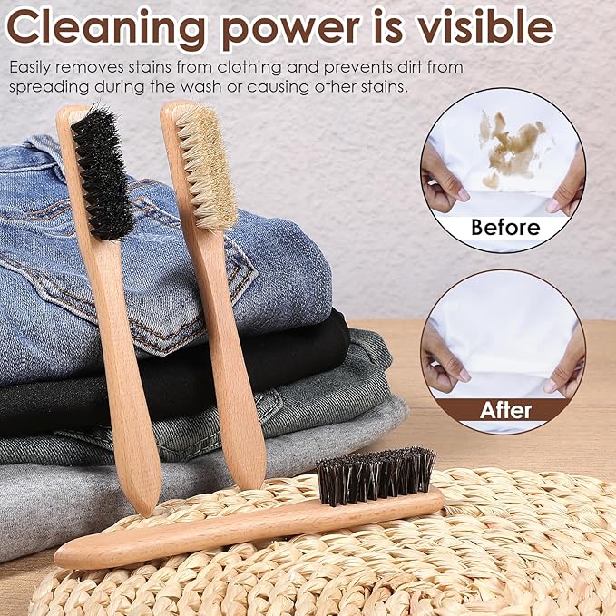 3 Pcs Laundry Stain Brush Wood Laundry Brush for Stains on Clothes Small Remover Brushes with Boar Bristle for Cleaning Small Spaces Home Furniture Fabric Leather Stains