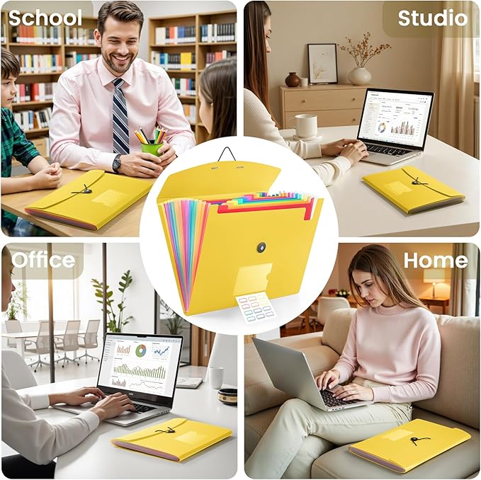13 Pocket Accordion File Organizer with Elastic Closure, Expanding File Folder for Letter Size A4 Papers, Ideal for Home, Office Supplies, College Essentials - Yellow