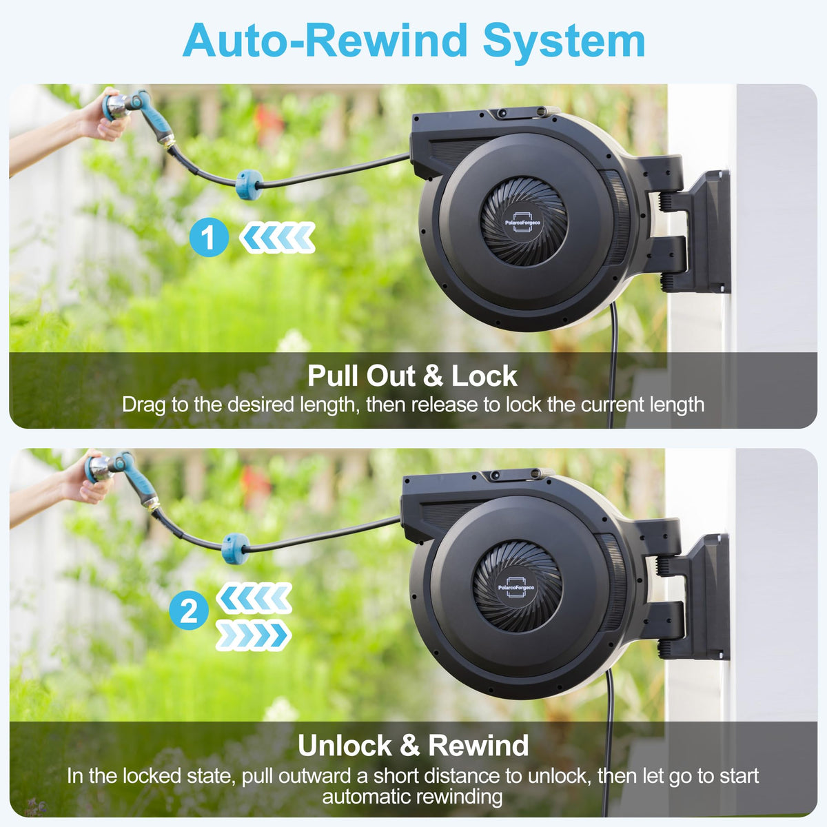 PolarcoForgeco Retractable Garden Hose Reel - 5/8 inch x 90 ft Wall Mounted Hose Reel with 10 Pattern Nozzle & Any Length Lock, Heavy Duty Water Hose Supports Automatic Rewind & 180° Swivel, Black