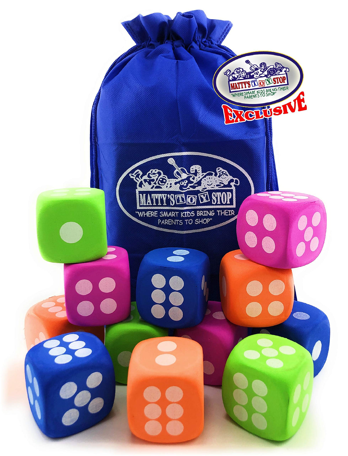 Deluxe Large 2.25" EVA Foam Dice (Pack of 12) with Bonus Matty's Toy Stop Storage Bag