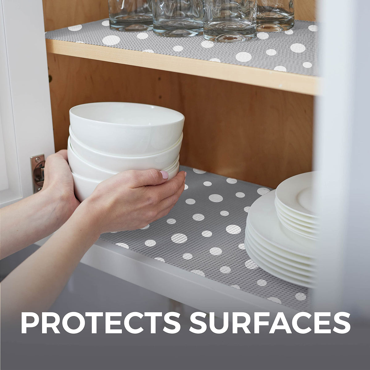 HOME GENIE Shelf Drawer and Cabinet Liner, Durable with Strong Grip, 12 in x 20 FT, Non Adhesive Liners Protect Kitchen Cabinets and Cupboard, Bathroom Drawers and Shelves, Desks, Dots Gray White