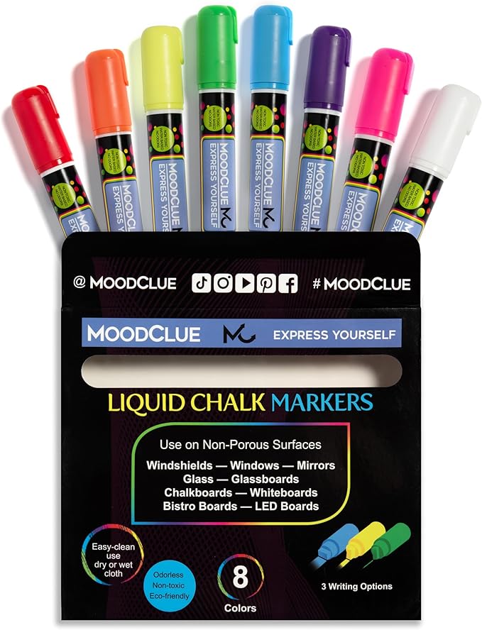 Liquid Chalk Drawing Markers for Car Windows, Auto Windshields, Mirrors, White Boards, Retail + Restaurant Signs. Erasable Chalk Markers – Washable – Bold - Neon 8pck. 10mm tip - 3 writing options.