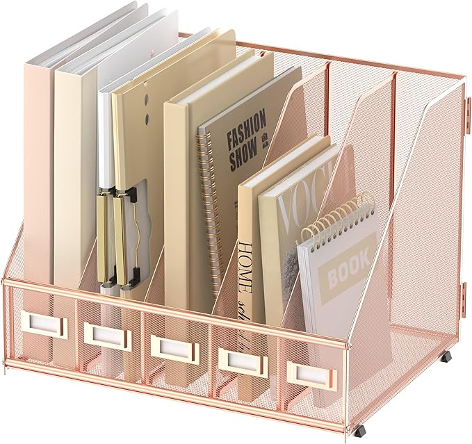 SUPEASY Desk Organizers Metal Desk Magazine File Holder with 5 Vertical Compartments Rack File Organizer for Office Desktop, Home Workspace, Rose Gold
