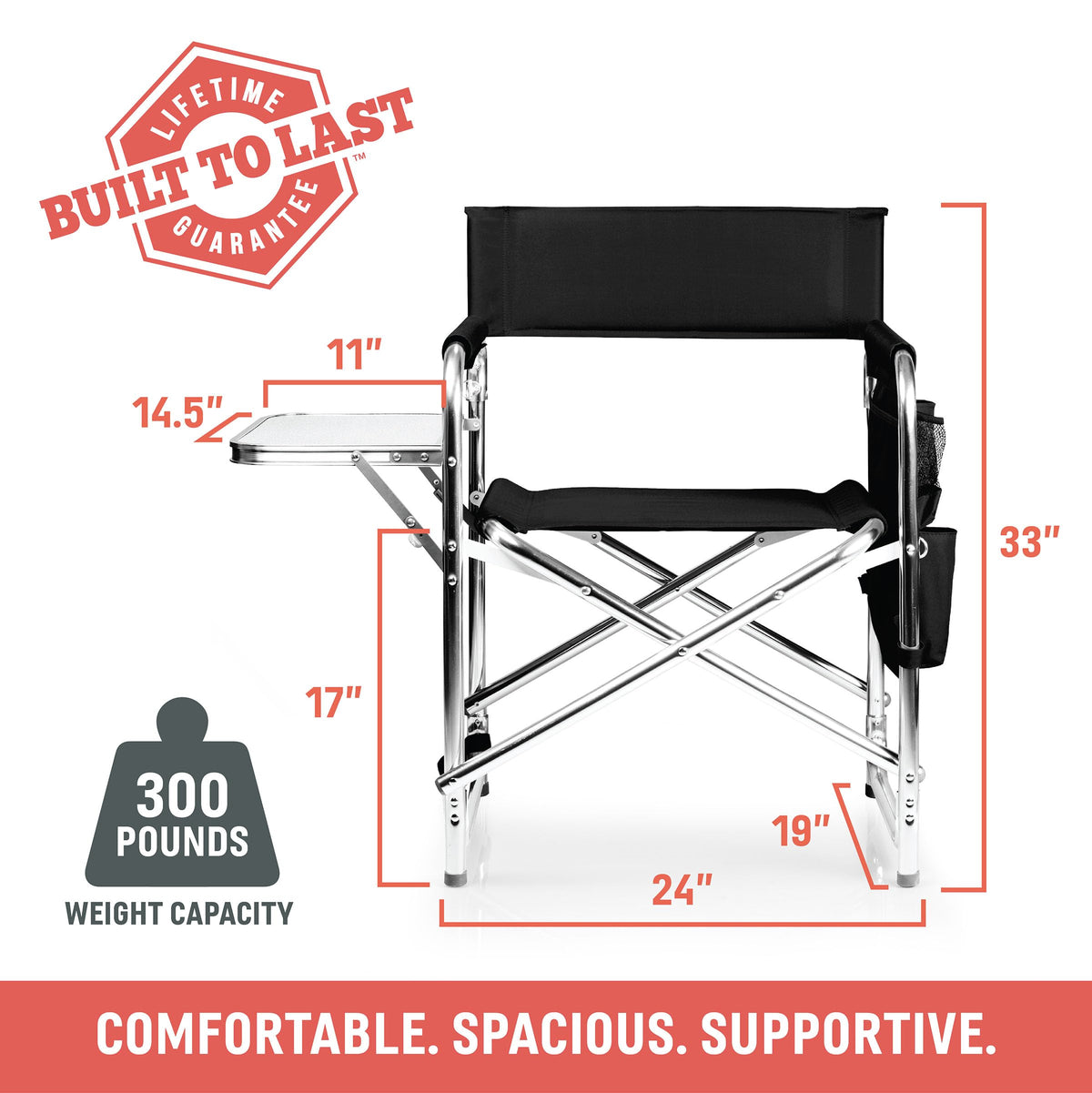 PICNIC TIME Sports Chair with Side Table, Camping Chair, Beach Chair, Camp Chair for Adults (Red)