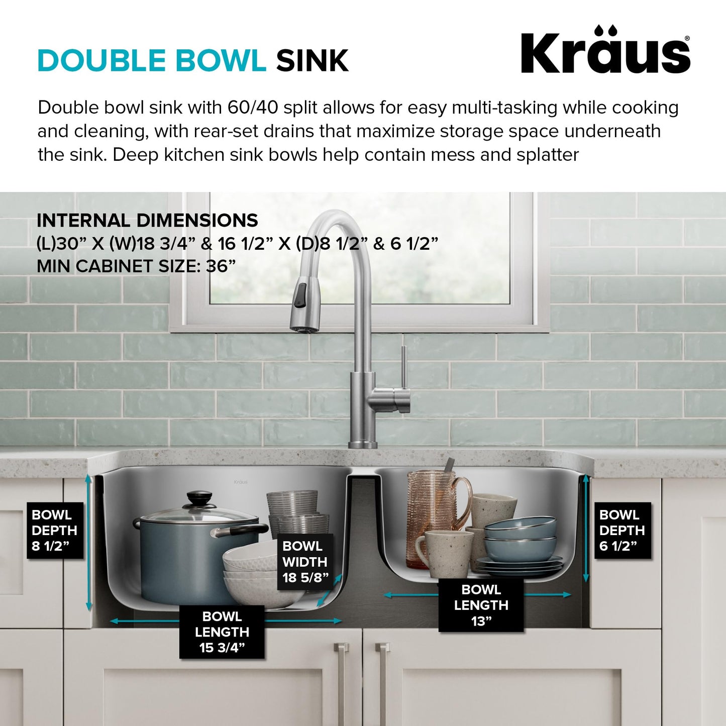 KRAUS Premier 32-inch Undermount 60/40 Double Bowl with Low Divider 18-Gauge Stainless Steel Kitchen Sink with Strainers (x2), KBU24