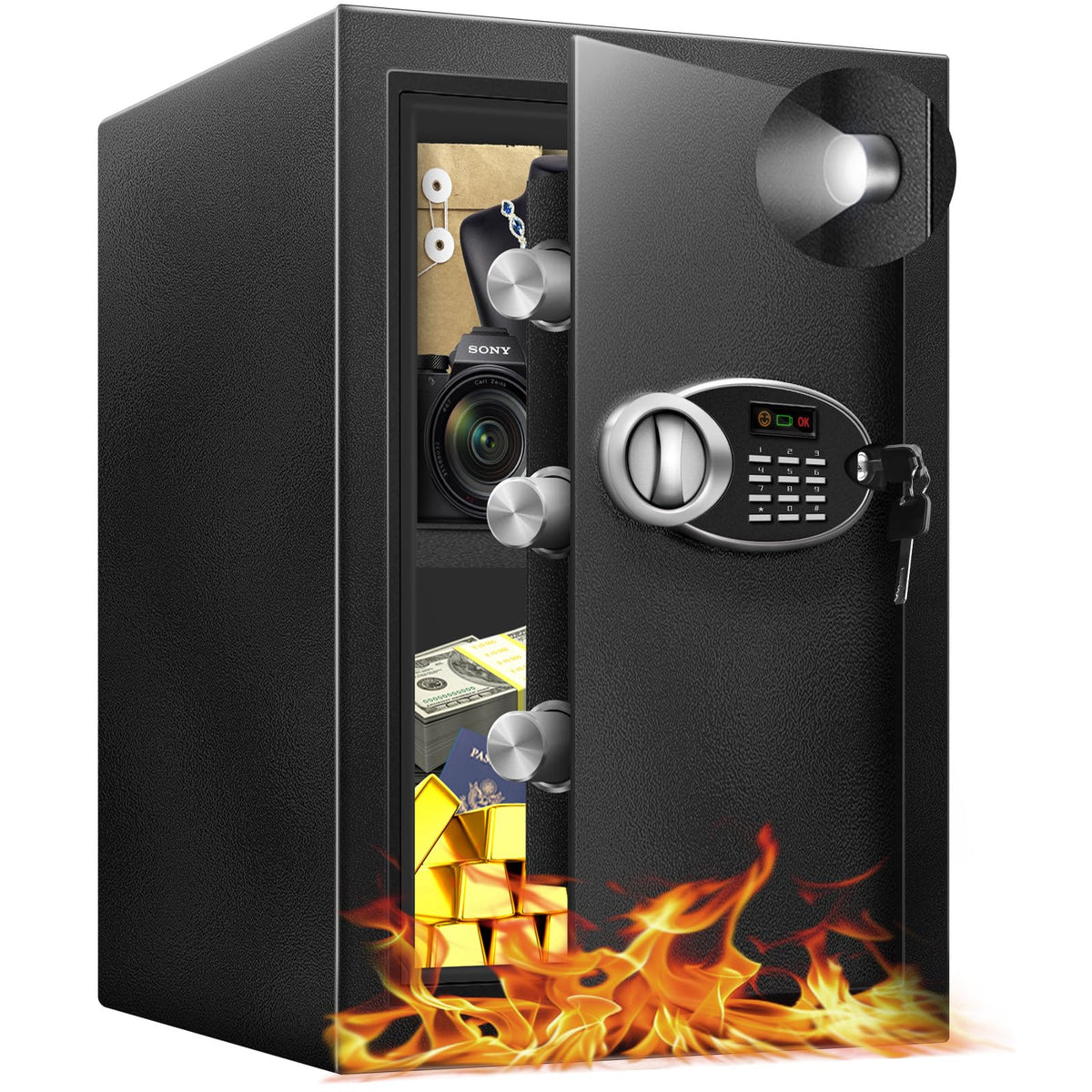 2.5 Cu Ft Large Safe Box with Fireproof Waterproof for Documents - Steel Security Personal Fire Safe with Digital Keypad, Emergency Battery Box & Combination Lock, Safety Box for Valuables Money Cash