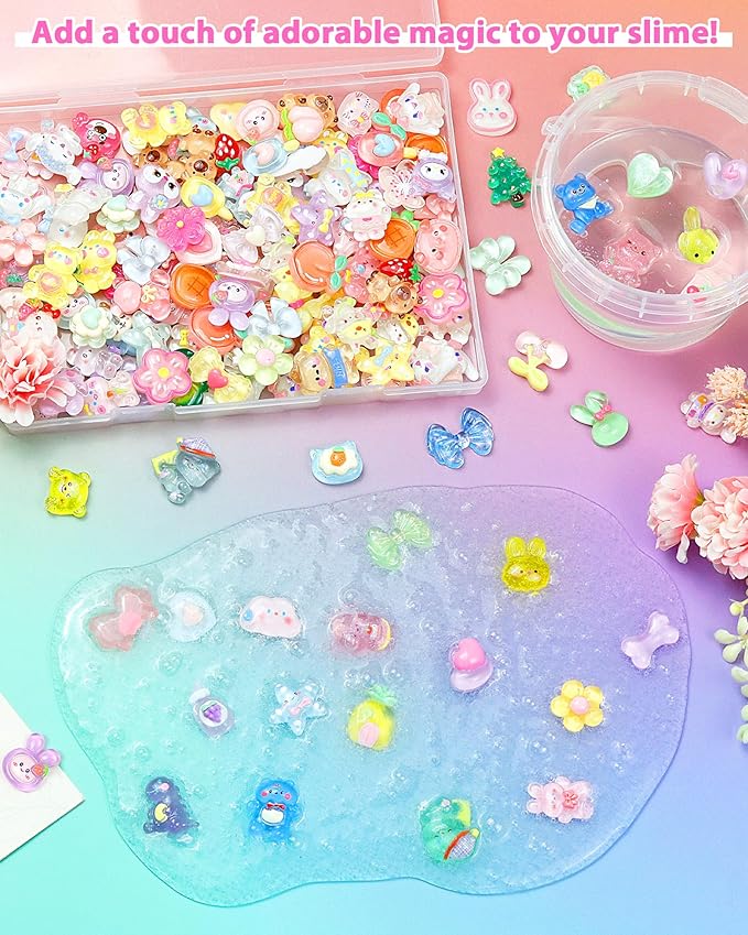FIVEIZERO 100PCS Cute Slime Charms Bulk Set – Kawaii Flatback Resin Charms for Crafts, Mini Decoden Acrylic Embellishments for Phone Junk Cases, Scrapbooking & DIY Decoration (Pink)