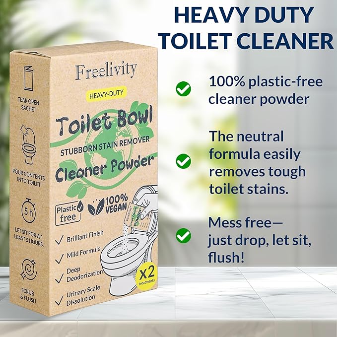 Freelivity Heavy Duty Toilet Bowl Cleaner Powder - Cleans Hard Water Rings, Calcium Buildup & Stains - 2 Treatments - Plastic-Free, 1 Pack
