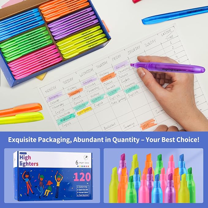 Highlighters Assorted Colors, 120 Pack Highlighters Bulk : No Bleed & Dry-Quickly, Highlighter Set : Chisel Tip & 6 Bright Colors, Highlighter Markers for school | college | office supplies