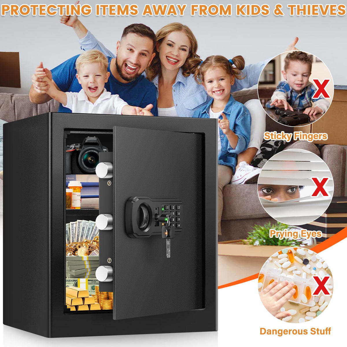 Large Fire proof Safe Box for HOME USE, 2.3 Cuft Digital Security Box with Combination Lock & Fireproof A4 Document Bag, Home Safe Fireproof Waterproof for Money Medicine Documents Valuables