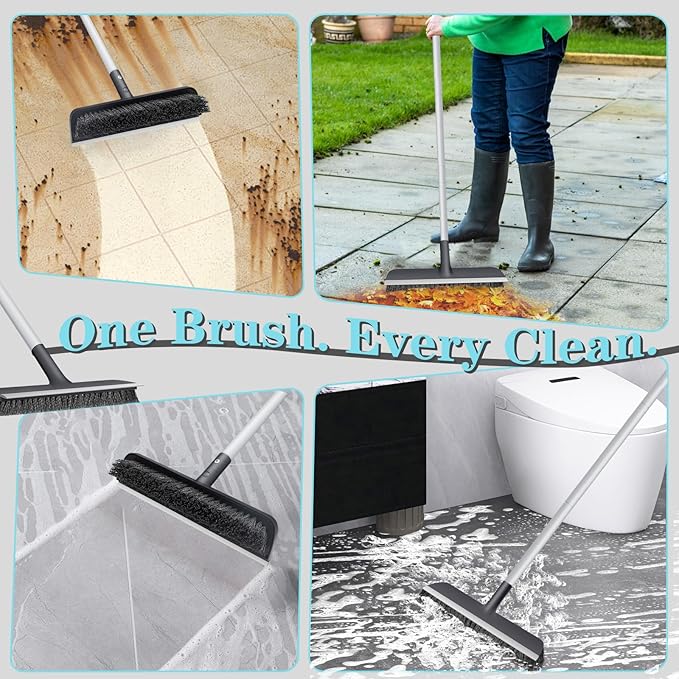 Floor Scrub Brush with Long Handle - Adjustable Handle 2 in 1 Scrape and Heavy-Duty Stiff Bristle Floor Scrubber Brush for Cleaning Bathroom, Kitchen Patio Tile Garage and Deck