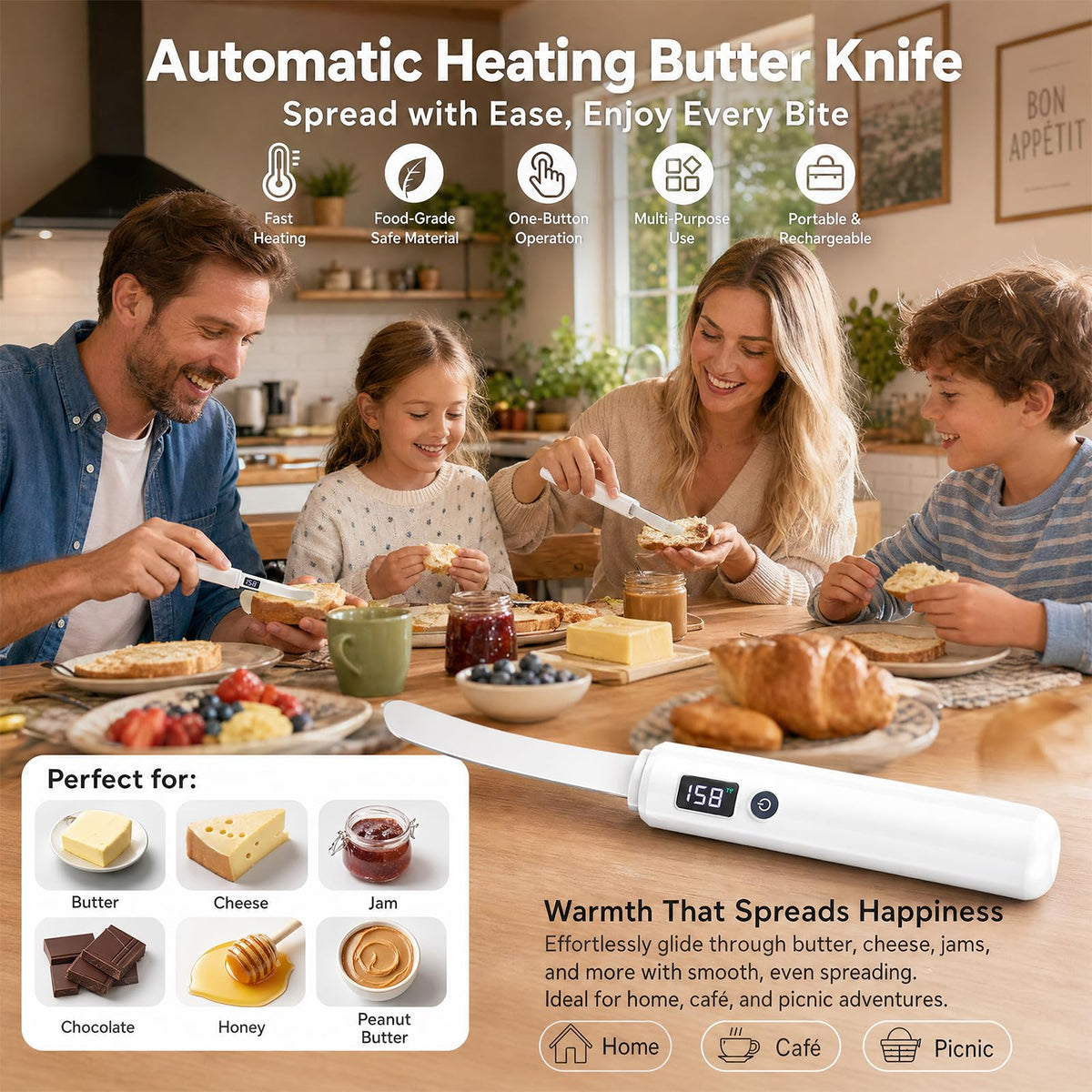 BCYIIELY Electric Heated Butter Knife Spreader - Rechargeable USB Stainless Steel Butter Knife for Hard Butter, Cheese, Jam, Cream, Kitchen Gadget with Smart Display