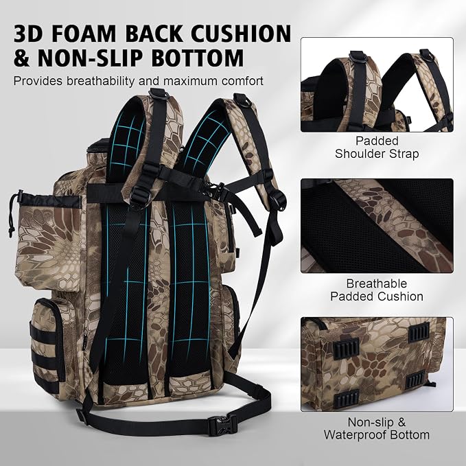 Goture Fishing Backpack,900D Water-Resistant Tackle Backpack with Rod Holders, SBS Zippers,45L Large Fishing Bag Storage Gear Tackle Bag with Rain Cover, Bottle Holder for Travel Camping Hiking