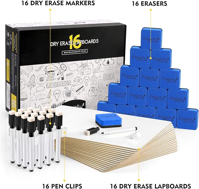 Magicfly Double-Sided Small White Board for Classroom, 9 x 12 Inches Dry Erase Lap Boards, Bulk Pack of 16 Mini White Board for Student, Teachers, Office, with 16 Pens, 16 Erasers & 16 Pen Clips