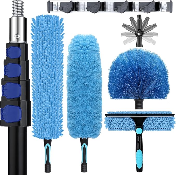 36ft High Ceiling Duster Kits with 5-30ft Heavy Duty Extension Pole - Fan Blade Cleaner, Cobweb Remover & Blue Window Squeegee Kit, Washable Dust Brush for High Roof and Glass Surfaces