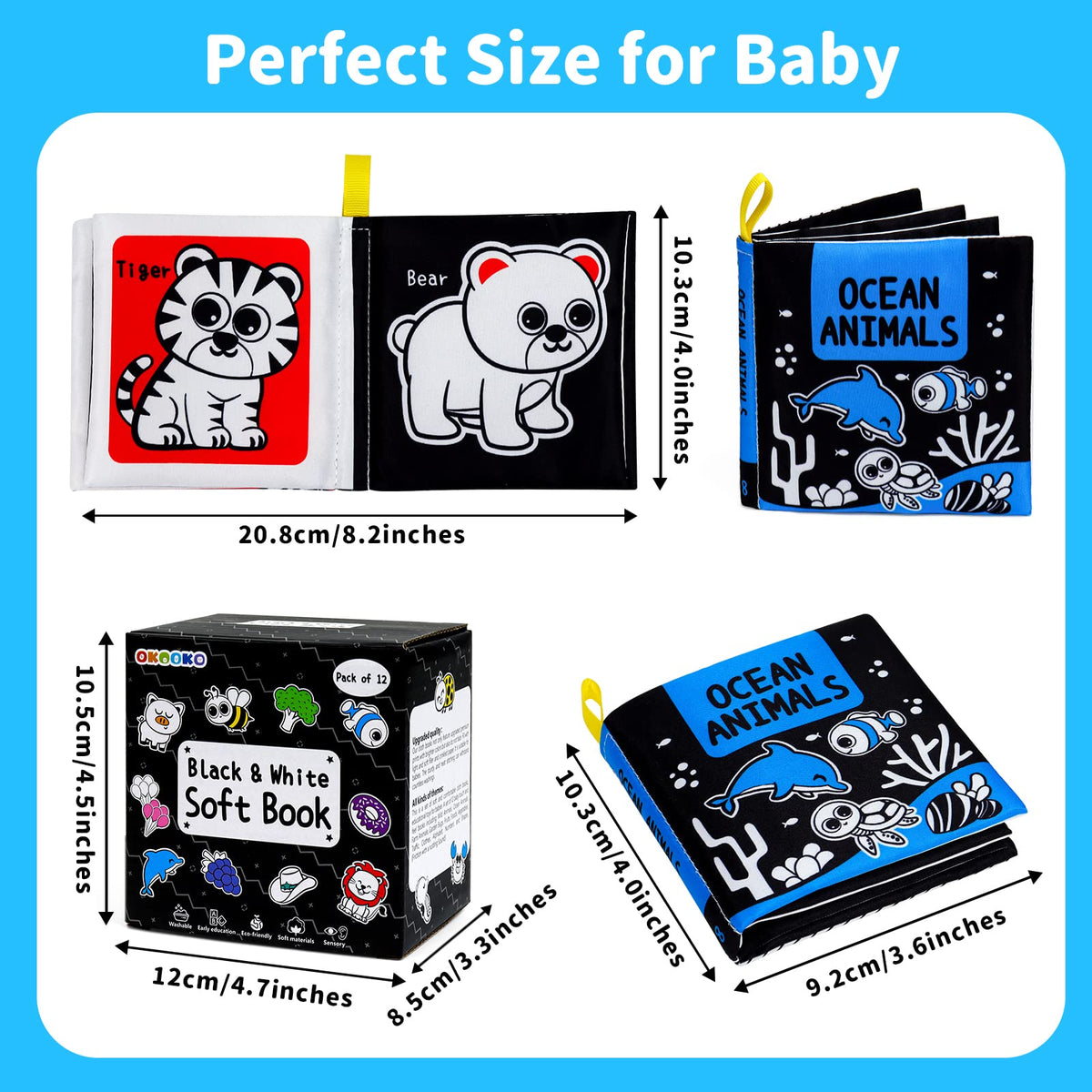 OKOOKO Soft Baby Books Black and White High Contrast 12PCS Soft Cloth Books Bath Books Crinkle Washable Non-Toxic Early Education Preschool Learning Toy for Newborns Babies Infants Toddlers Kids