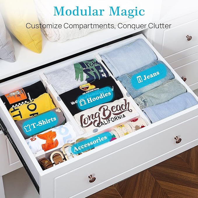 Vtopmart Drawer Dividers for Clothes 8 Pack, Adjustable 4" High Expandable from 11.6"-17" Dresser Drawer Organizer, Plastic Drawers Separators for Dresser, Baby Clothes, Kitchen and Office Storage