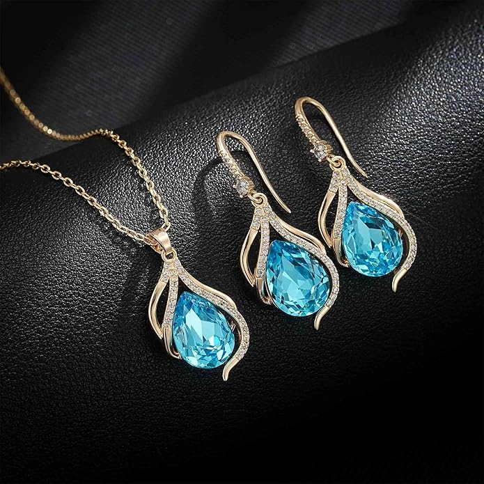 EVEVIC Austrian Crystals Teardrop Hollow Twisted Pendant Necklace Earrings for Women 14K Gold Plated Halo Drop Dangle Earrings Hypoallergenic Jewelry Set
