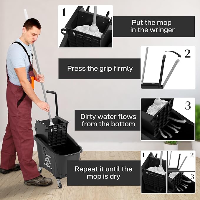 HOMCOM Mop Bucket with Wringer on Wheels for Floor Cleaning, 38 Quart Down Press Wringer with Handle and Mop, Black