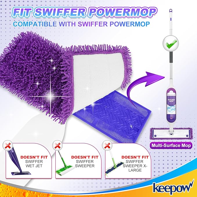 KEEPOW Reusable Power Mop Refill Pads Compatible with Swiffer PowerMop, Microfiber Power Mop Refills, Power Mop Pads for Hardwood Floor Cleaning, 2 Pack (Mop is Not Included)