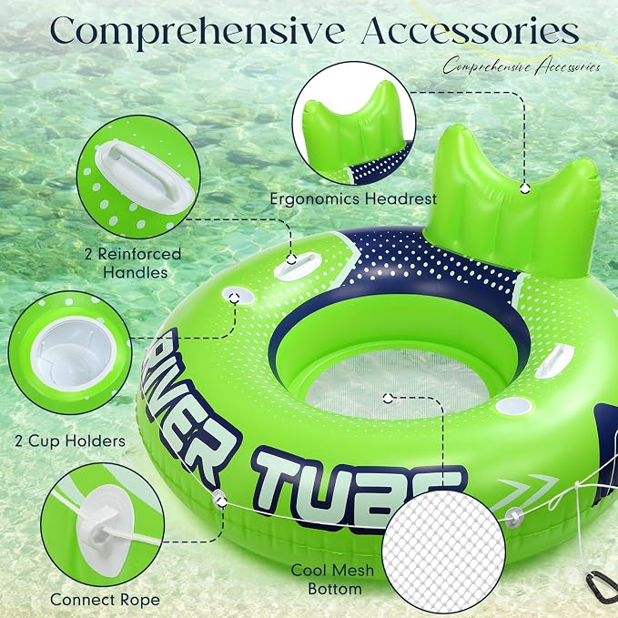 4 Pcs 53'' River Tubes for Floating Heavy Duty Inflatable River Floats for Adults Large Lake Tube Float with 2 Cup Holders & Comfortable Backrest Recreational Pool Water Rafts Holds 300lb