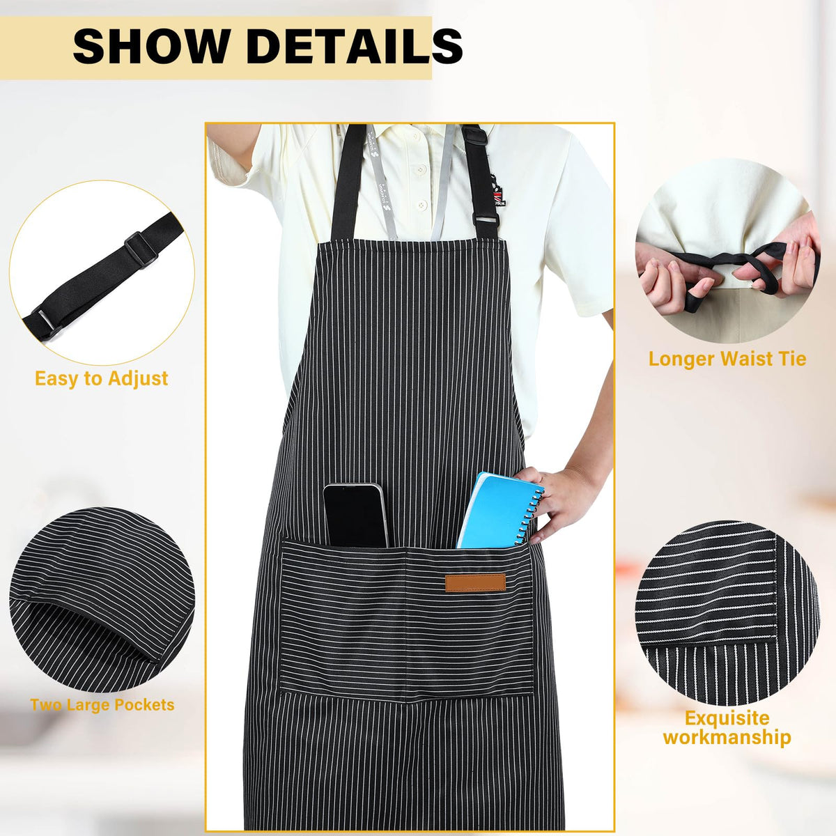 Handepo 4 Pcs Kitchen Aprons with Pockets Adjustable Waterproof Cotton Aprons Striped Apron for Women Men Chef Gift for Dad(Narrow Stripes,Black)