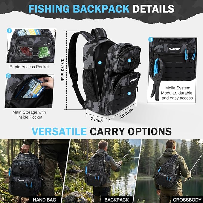 PLUSINNO Fishing Gear, Fishing Backpack with Fishing Rod, Tackle Box, Waterproof Tackle Backpack with Rod Holders,Lures, Tools, Pliers & Accessories, Fish Gifts for Men
