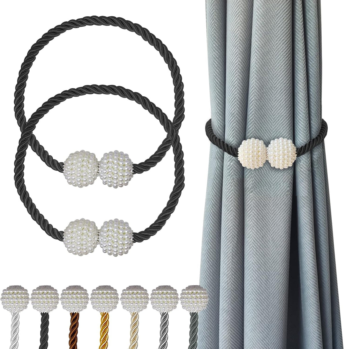 Hion Magnetic Curtain Tiebacks Black 2pcs, Curtain Tiebacks Buckles Holdbacks Holders Hooks Clip for Home Bedroom Office Decorative Curtain