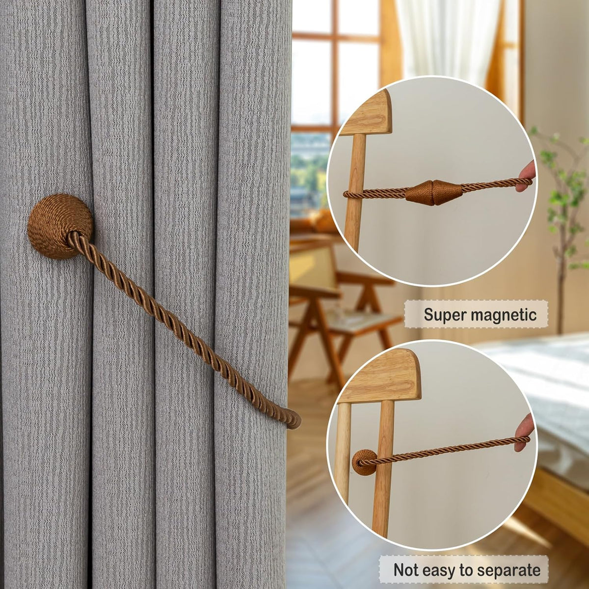 Magnetic Curtain Tiebacks 8 Pack Outdoor Rope Curtain Tie Backs Decorative Window Treatment Holdbacks for Home Decorative Curtain, Khaki