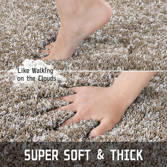 Yimobra Bathroom Rugs Sets 2 Piece, Soft Absorbent Bath Mat and U-Shaped Toilet Rug with Non Slip Backing, Machine Washable, Plush Shaggy Bath Mats for Bathroom, 24"x17"+24"x20", Light Brown and White
