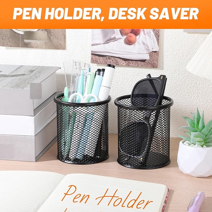 Segarty Pen Holder, 6 Pack Round Black Pen Cup Holder for Desk, Wire Mesh Pencil Containers Set for Office Supplies, School Maker, Home Desktop Accessories Organizer, Makeup Brush