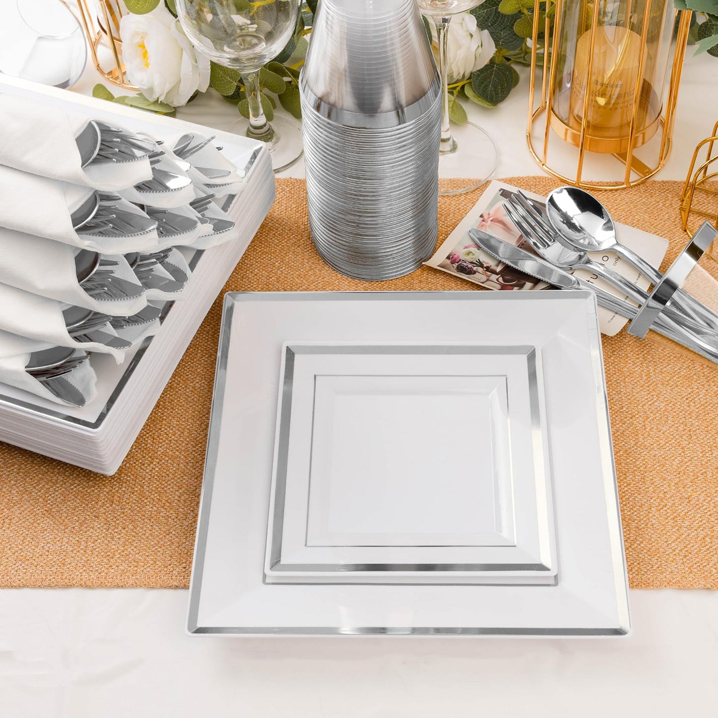 Goodluck 352 Pieces Silver Dinnerware Set for 50 Guests, Square Plastic Plates with Silver Trim, Include: 100 Plastic Plates, 50 Rolled Napkins, 50 Cups, 50 Cutlery Set and 2 Tablecloth