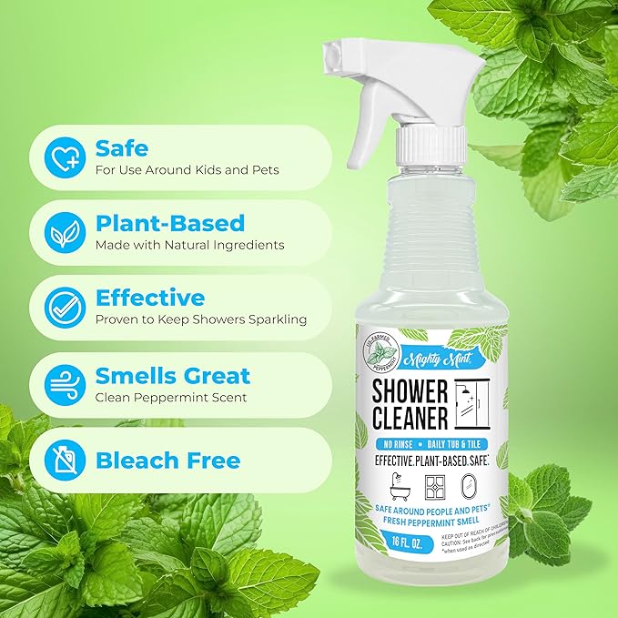 Mighty Mint Shower Cleaner, No-Rinse, No-Scrub, Daily Spray for Glass, Tile, Grout, Fresh Peppermint Scent, 16oz