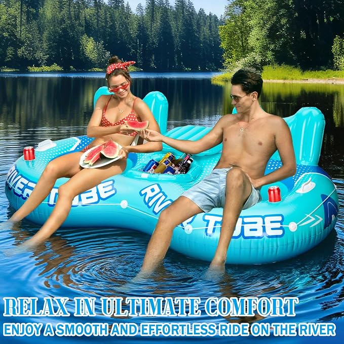 Inflatable River Tube Float, 2 Person Heavy Duty Pool Float with Built in Cooler, Ergonomic Backrest and Cup Holders for Adults, Lake Water Tubes for Floating Summer Relaxation