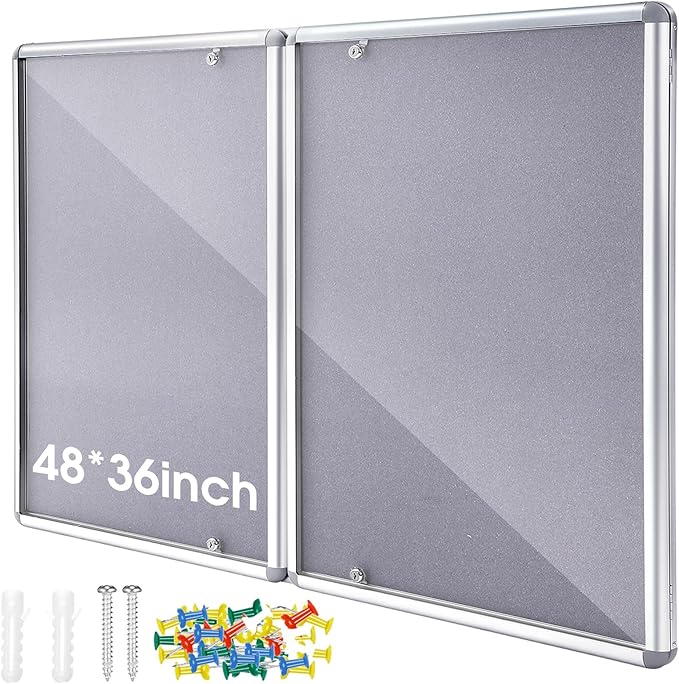 Enclosed Bulletin Board 48" x 36" Weather Resistant Lockable Notice Cork Display Board Wall Mounted 2 Locking Door for School Classroom Commercial Back to School, 12 x A4(Gray, Silver Frame)