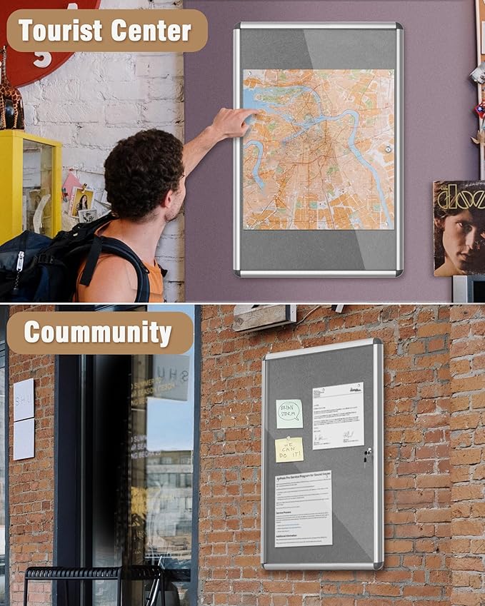 36"x24" Enclosed Bulletin Board, Lockable Weather-Resistant Aluminum Cork Noticeboard for School & Office, Silver Frame w/Grey Flet