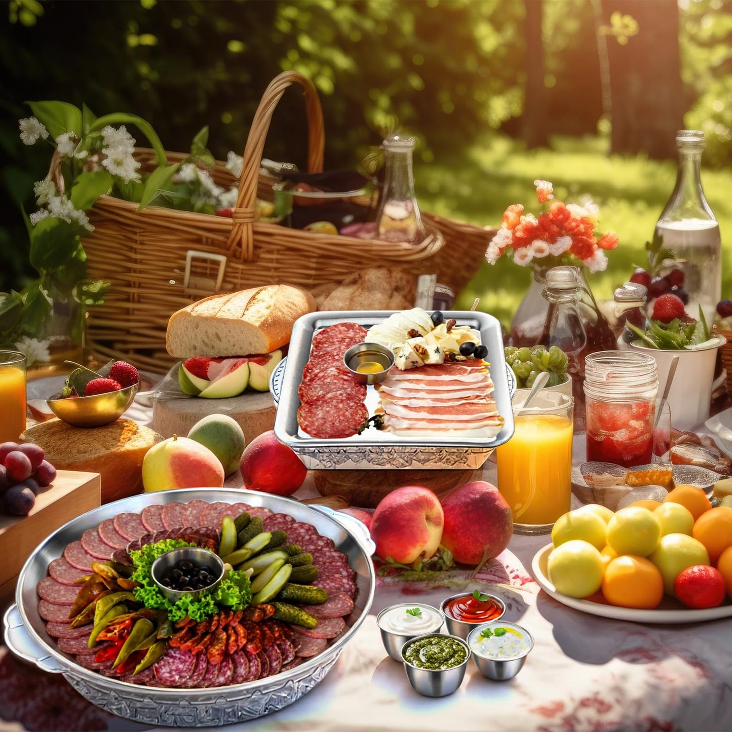 Baderke 4 Set 11.8" Chilled Serving Tray for Parties with Compartments 9" Ice Chilled Party Platter Charcuterie Serving Board 1.7 oz Dipping Bowls with Tongs for Fruit Seafood Vegetable (Natural)