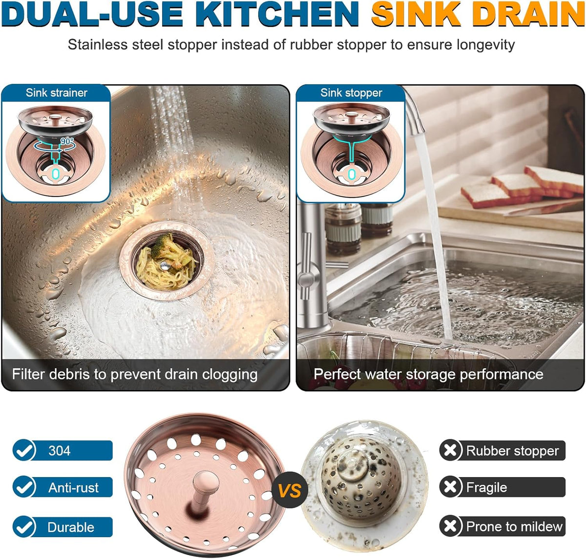 BOTEMY Stainless Steel Copper Sink Drain Strainer Kit 3-1/2 inch Kitchen Drain Assembly with Metal Center Knob Basket Stopper Replacement for Standard Kitchen Sinks, Antique Copper