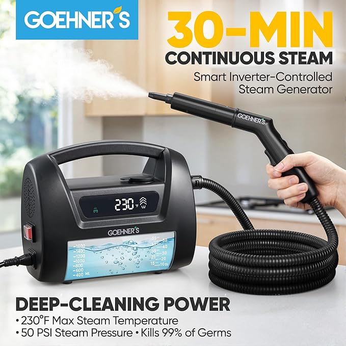 2026 Upgraded Handheld Steam Cleaner, 230°F/3.5 Bar High-Pressure Portable Hand Held Steamer for Home & Car, 30s Heat-Up, Chemical-Free Deep Cleaning for Kitchen, Bathroom, Grout & Car Detailing-Black