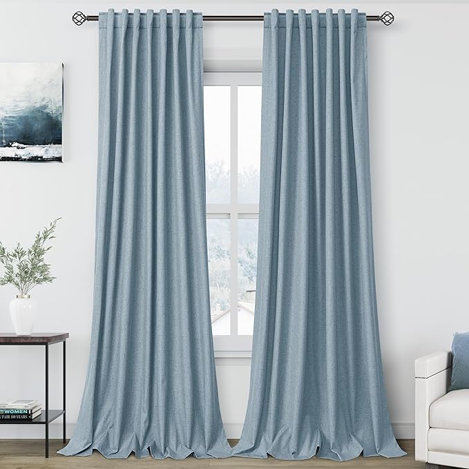 Blue Linen Blackout Curtains 120 Inch Length 2 Panels Set Extra Long 10 Ft Back Tab Pocket Drapes Thermal Insulated Total Blocking Curtains for Dining Room Cottage High Window Curtain 52x120 Inch